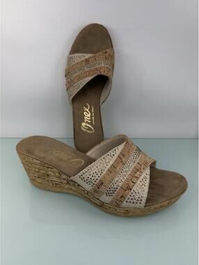 Onex Blanche cork wedge slide sandals linen rhinestone Italy womens size 7
